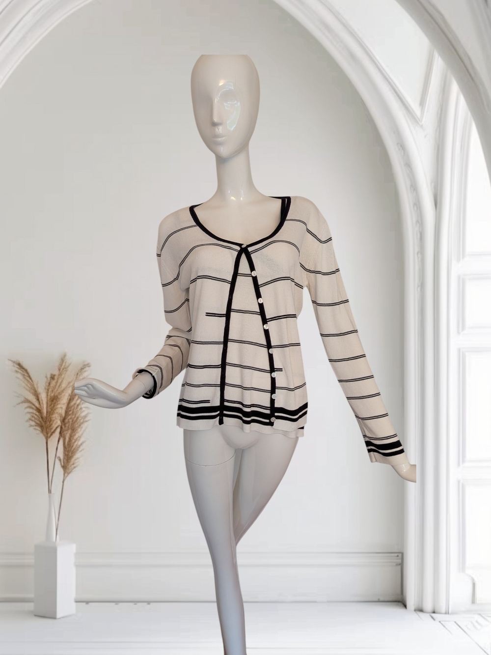 Striped Button-Front Cardigan Sweater L